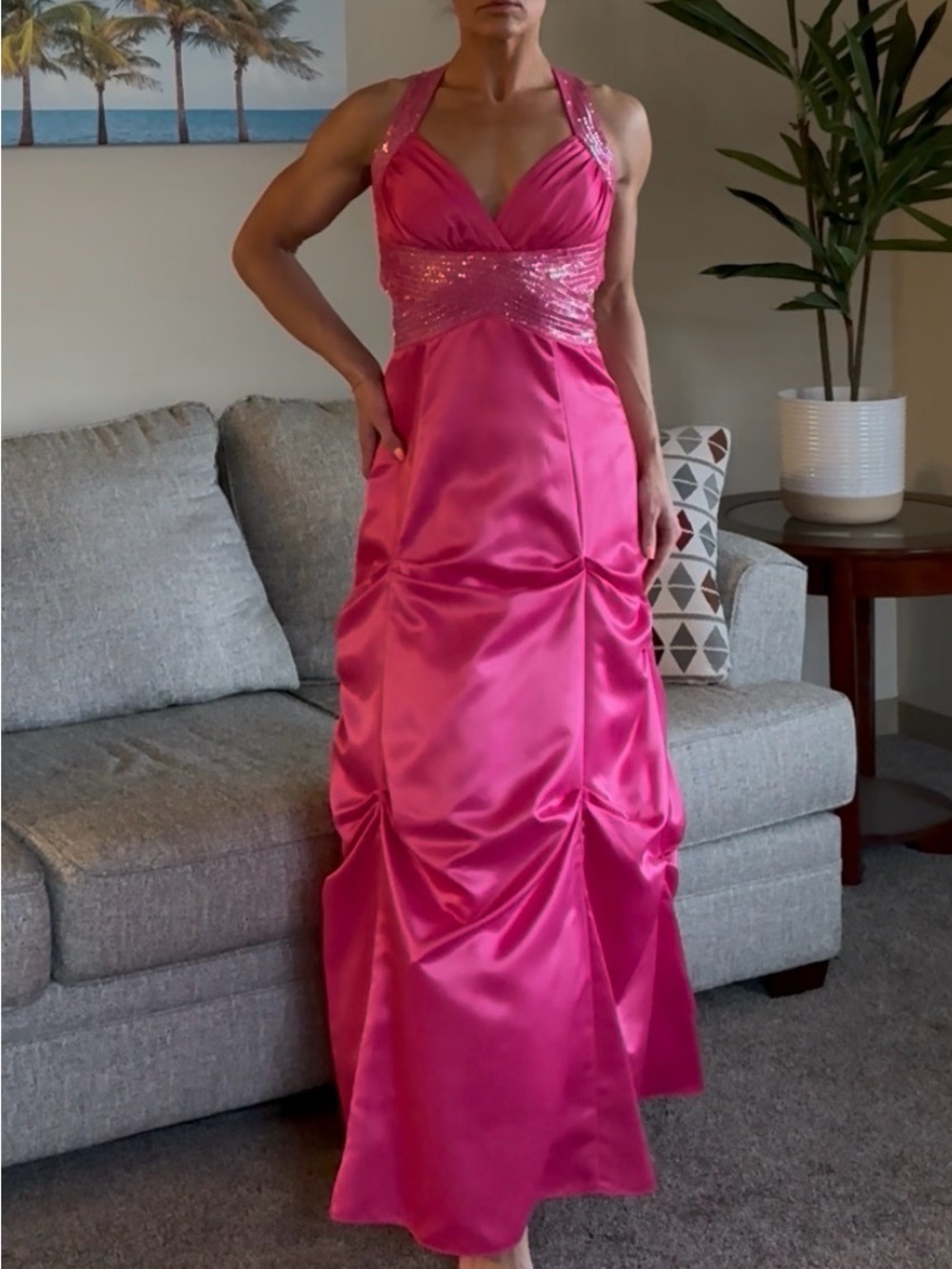 Zum Zum by Niki Livas Hot Pink Satin Sequin Dress